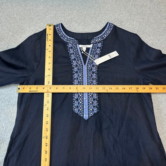 Chicos Linen Tunic Dress Navy Blue Beaded Embroidered 3/4 Sleeve Size 1 US 8 NWT - Picture 8 of 15